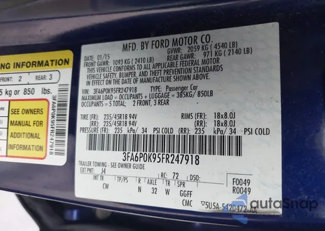 2015 Ford Fusion Titanium z USA, uszkodzony, nr VIN 3FA6P0K95FR247918